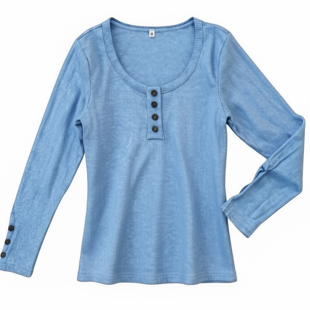 Blue Long Sleeve Women's Henley Top